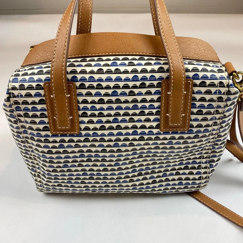 Fossil Emma Satchel Handbag Purse With Matching NWT Wallet, Blue Black Print